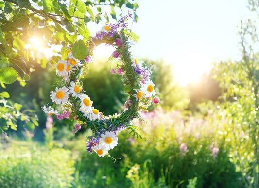 blumenkranz der von einem ast hängt, sonne, sommer