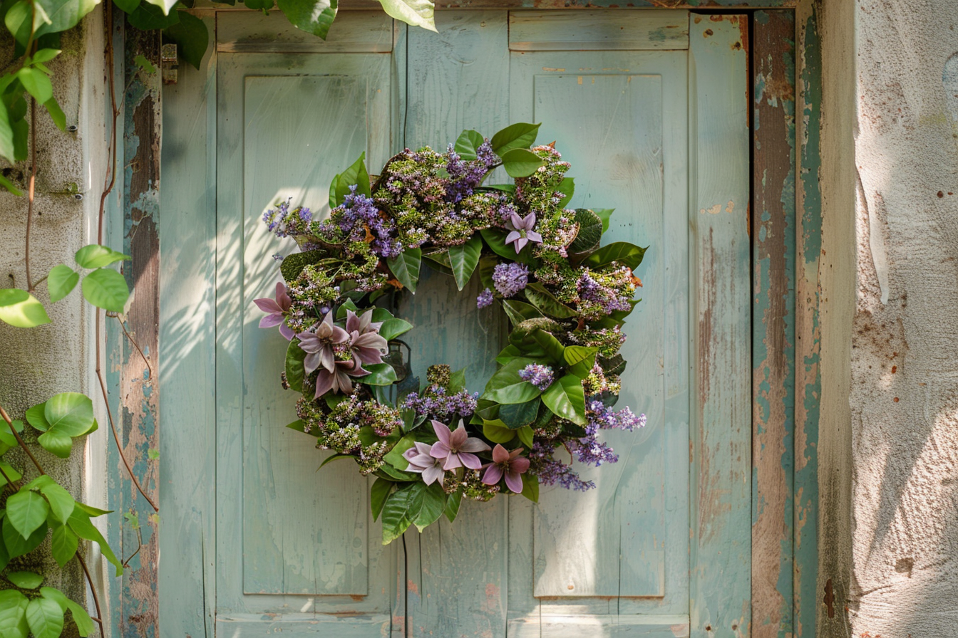 elegant summer flower door wreath on green villa door